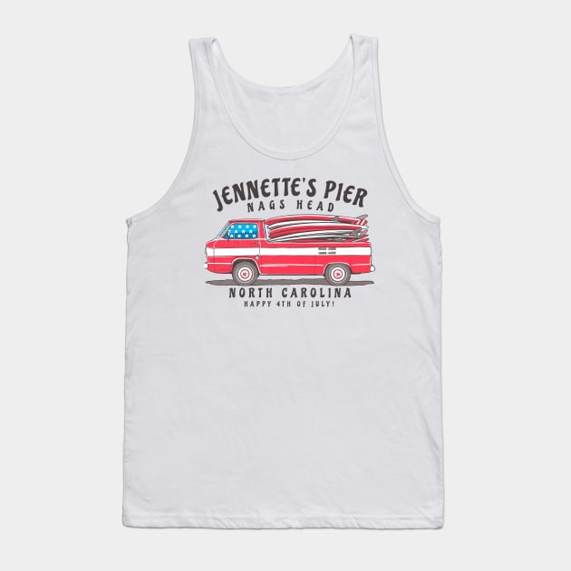 Jennette’s Pier, NC Summer Surfboards on the Fourth Tank Top by Contentarama